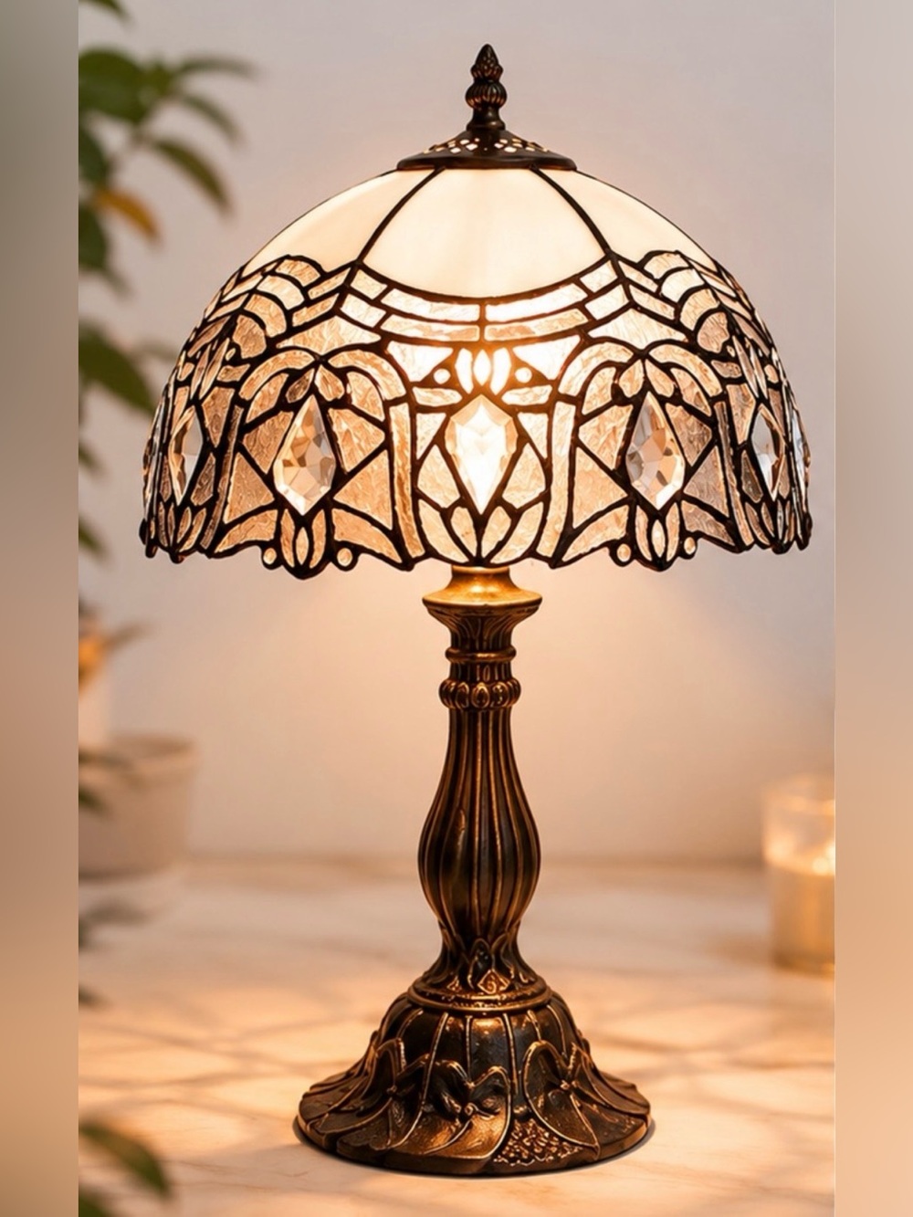 Tiffany Style Stained Glass Table Lamp White Crystal Bedside 18”